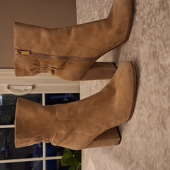 Michael Kors Shoes - Michael Kors Dolores Suede Chain Block Heel Booties Beige Women 9.5